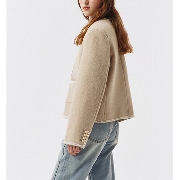 DUNST X RTR Cream Beige Wool Rich Blend Classic Boucle Tweed Jacket Size L - Picture 2 of 8